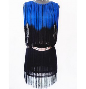 Royal blue silver white beige black purple red gradient colored fringes tassels women's adult female sleeveless performance latin salsa cha cha dance dresses for ladies